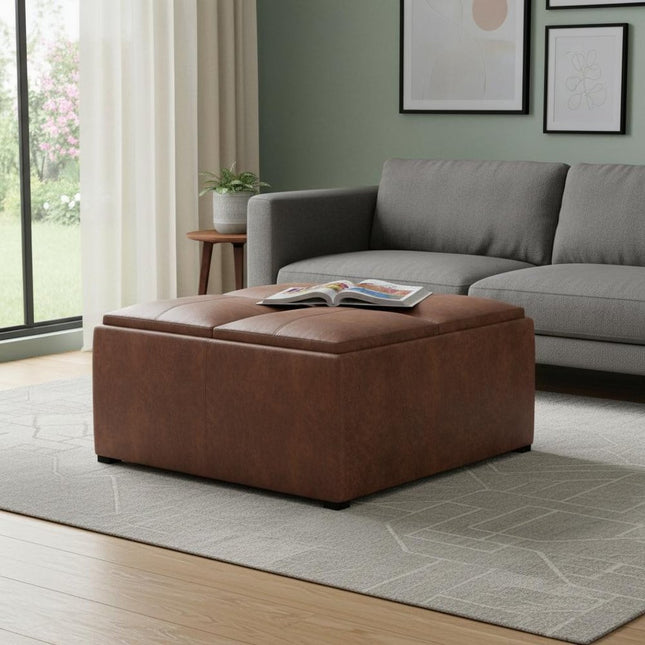 35" Brown and Black Leather Cocktail Ottoman With Storage