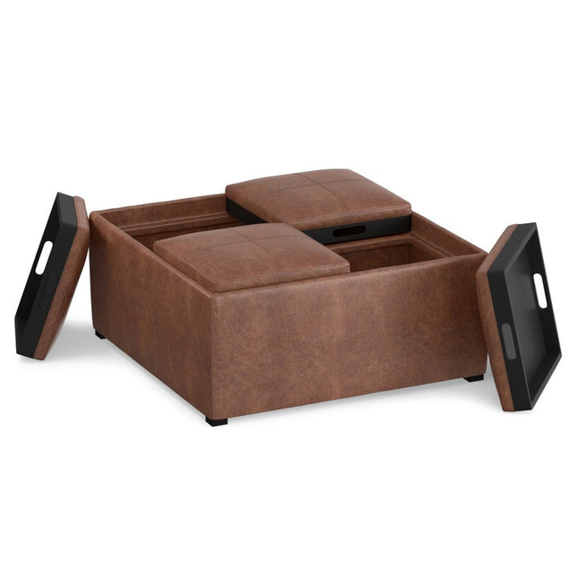 35" Brown and Black Leather Cocktail Ottoman With Storage