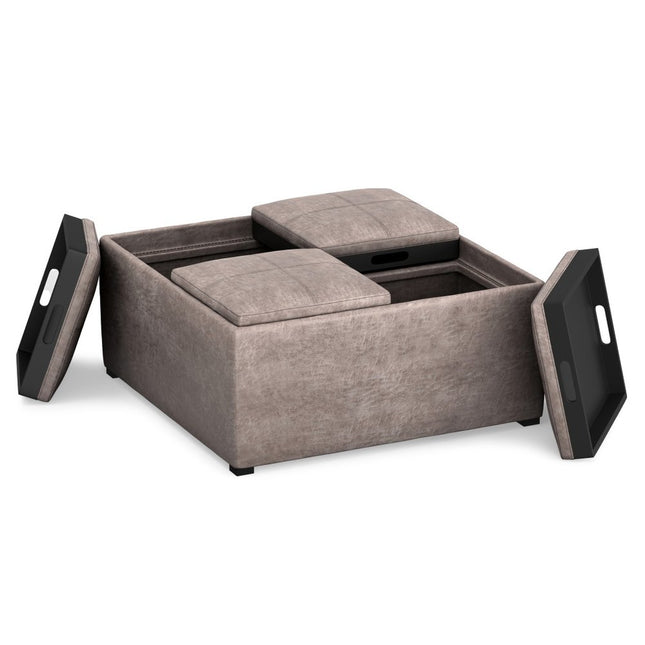 35" Gray and Black Leather Cocktail Ottoman With Storage