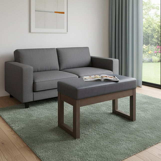 27" Gray and Brown Leather Footstool