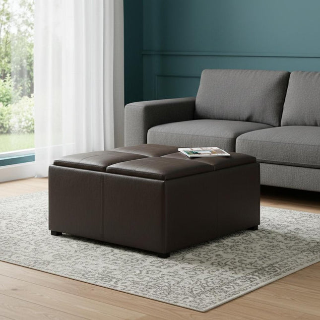 35" Brown and Dark Brown Leather Cocktail Ottoman With Storage