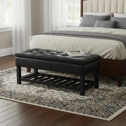 44" Black and Dark Brown Leather Ottoman With Storage