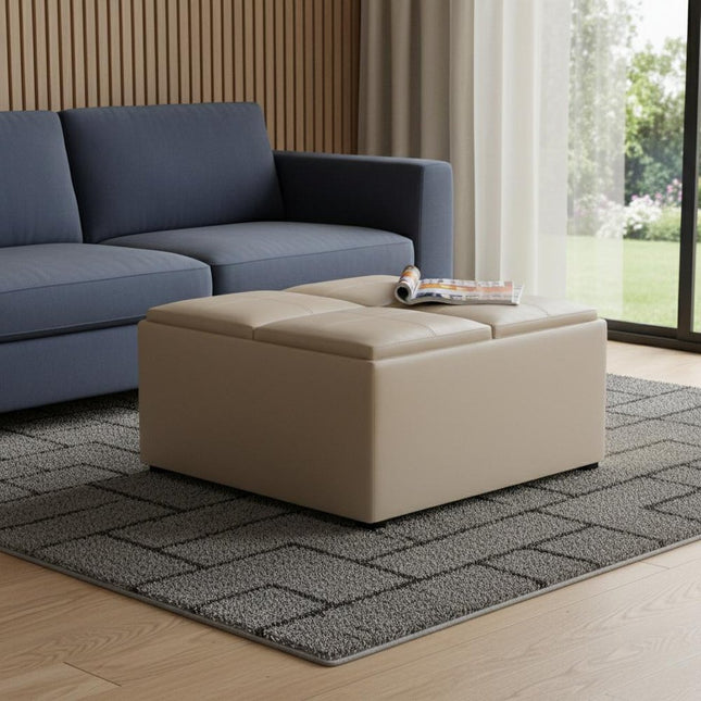 35" Cream and Dark Brown Leather Cocktail Ottoman With Storage