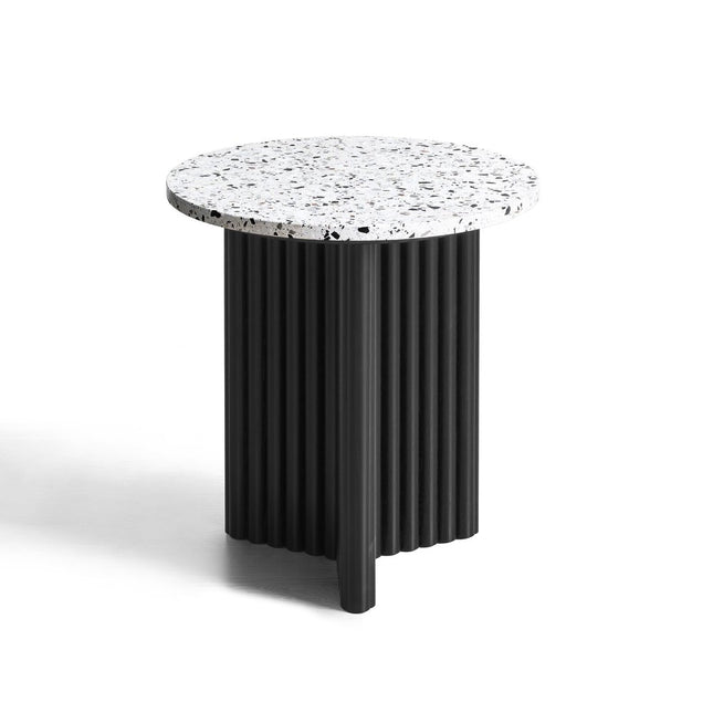23" White and Black Faux Terrazzo and Wood Round Pedestal End Table