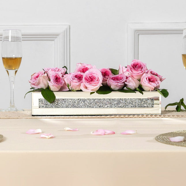 13" Silver Crystal And Mirrored Glass Table Vase With Crystals