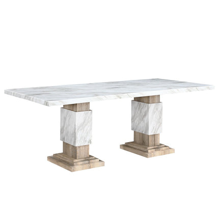 82" White and Natural Faux Marble and Wood Double Pedestal Base Dining Table
