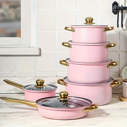 12pcs Stainless Steel Cookware Set, (6 Pots + 6 Lids) Kitchen Cooking Set With Golden Handles,