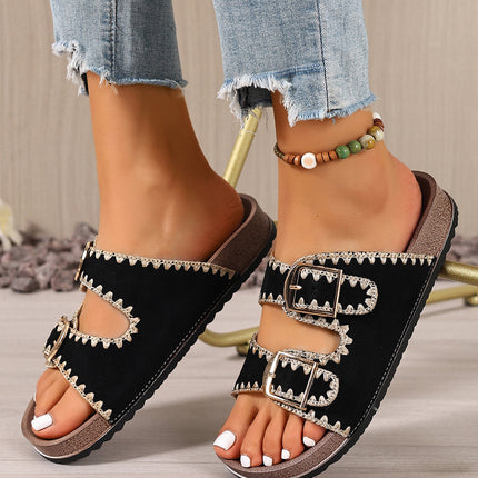 Black Embroidered Trim Retro Buckle Faux Suede Slippers