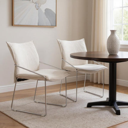 Set of Two White and Silver Upholstered Dining Arm Chairs