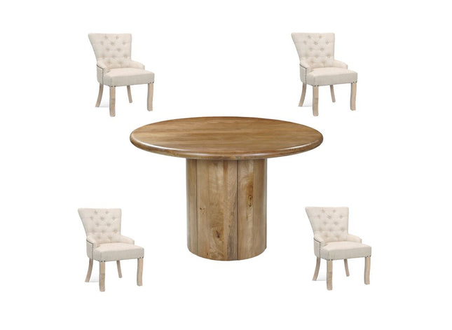 Five Piece Brown Round Solid Wood Dining Set with Four Chairs