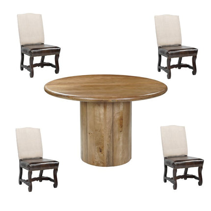 Five Piece Brown Round Solid Wood Dining Set with Four Chairs