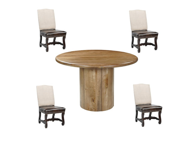 Five Piece Brown Round Solid Wood Dining Set with Four Chairs