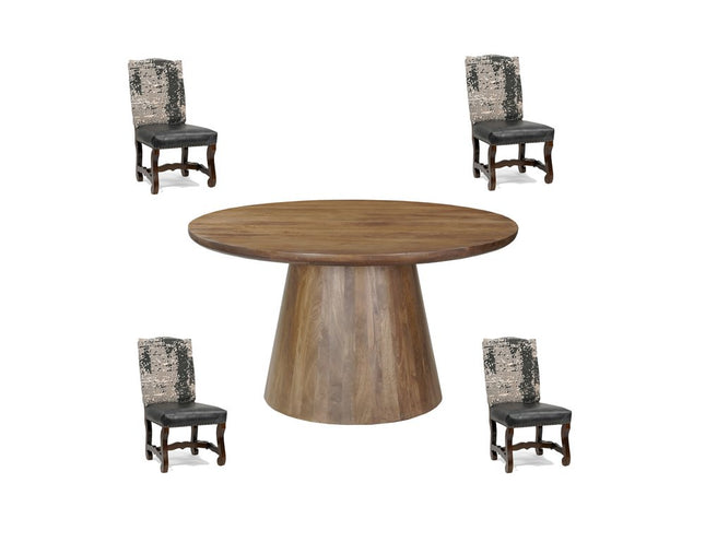 Five Piece Brown Round Solid Wood Dining Set with Four Chairs