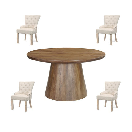 Five Piece Brown Round Solid Wood Dining Set with Four Chairs