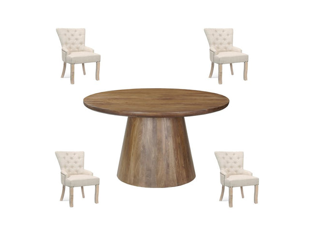 Five Piece Brown Round Solid Wood Dining Set with Four Chairs