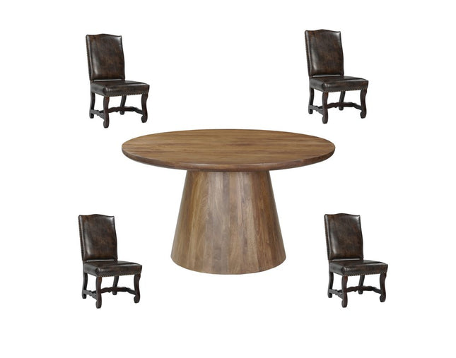 Five Piece Brown Round Solid Wood Dining Set with Four Chairs