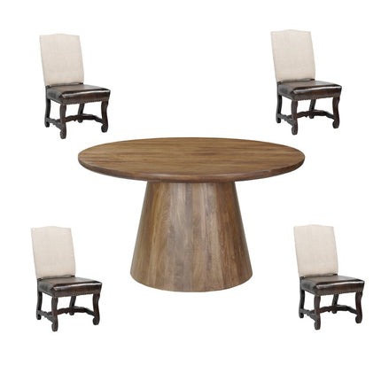 Five Piece Brown Round Solid Wood Dining Set with Four Chairs