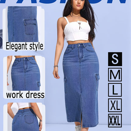 Spring Summer Autumn Slit Skirt with Large Pockets, High-Waisted Casual