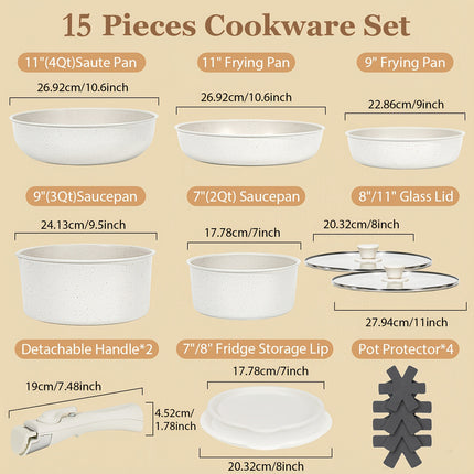 15pcs Non-Stick Cookware Set with Detachable Handles