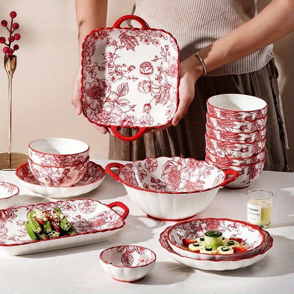 18/33/44pcs Set - Ceramic Tableware Set, French Retro, Red Rose Pattern, Wedding Gift, Can Hold Steak
