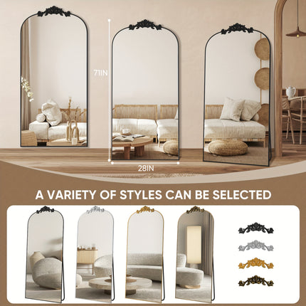 71"x28" Freestanding Arched Mirror with Carved Metal Frame & Bottom - No Assembly Required