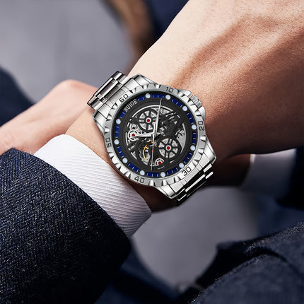 Stylish Men'S Automatic Mechanical Watch with Stainless Steel Strap, Luminous Hands & Hollow Round Dial