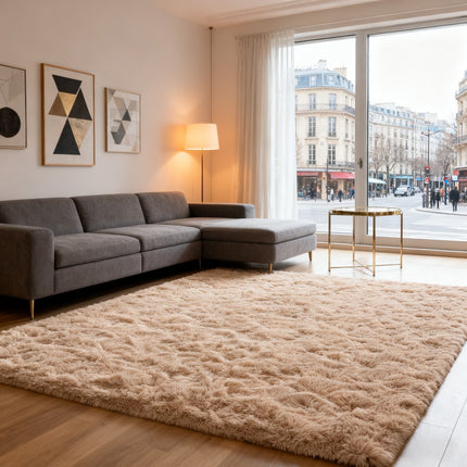 Beige Plush Carpet Measuring 245X305Cm, Designed As a Flame-Resistant Shag Area Rug