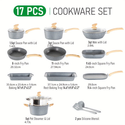 Mix Patio 17 Pieces Induction Cookware Set, Green Granite Pots And Pans Set,
