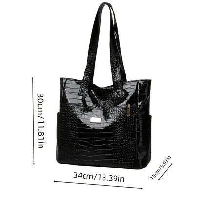 Women's preferred large-capacity tote: elegant, solid-color, crocodile-patterned PU bag with secure zipper
