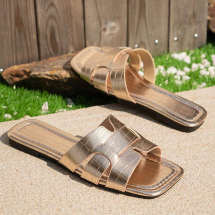 Metallic Crocodile Pattern Roman Style Flat Slippers