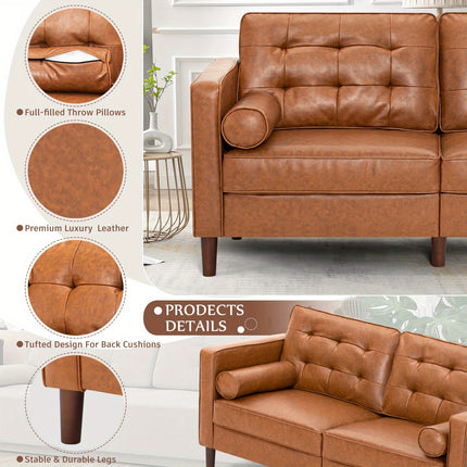 Inches Premium Faux Leather Sofa with 2 Bolster Pillows, Modern 3-seat Sofa