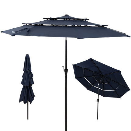 96" Dark Blue Polyester Octagonal Tilt Lighted Market Patio Umbrella