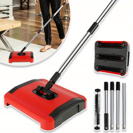 Manual Carpet Cleaner Brush, 3 Rolling Brushes Floor Sweeper Carpet Brush with Wheels