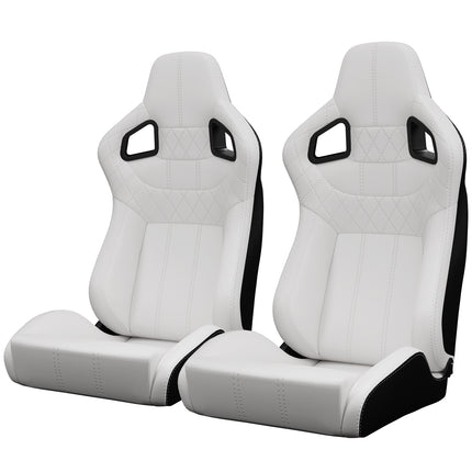 2PC New Universal Bucket Racing Seats White Stitch White PVC Leather Reclinable Carbon Look Leather Back With Adjustor Slider(Not Including Seat Bracket ) 1 box of 2 pieces