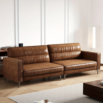 Mid-Century 3-Seater Waxed Leather Sofa with Removable Backrest And Cushions