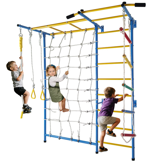 7 in 1 Indoor Playground Laddeer Wall Gym With Monkey Bars,Rope Ladder,Rope Wall, Pull-up Bar, Wall Ladder, Rope, And Gymnastic Rings