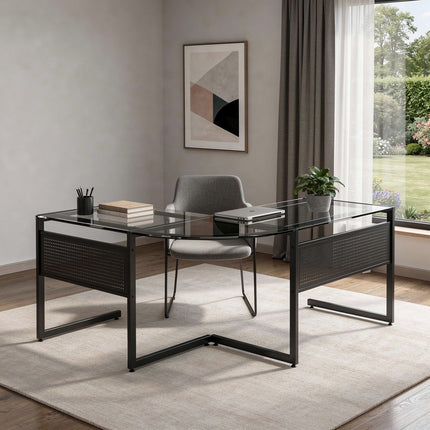78" Clear and Black Glass and Metal Corner Computer Desk