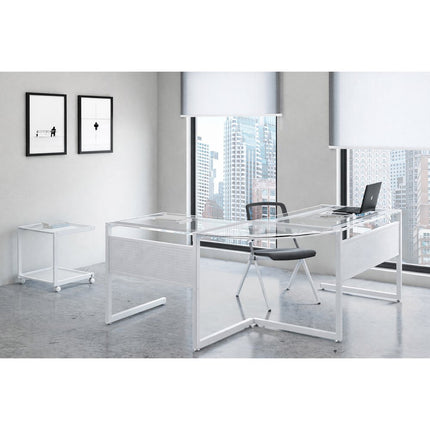 78" Clear and White Glass and Metal Corner Computer Desk