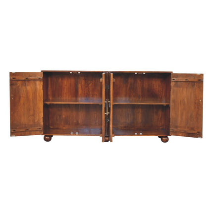 36" Chestnut Solid Wood Carved Geometric Accent Cabinet With Four Doors