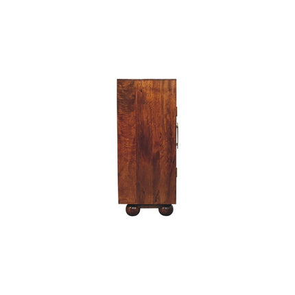 36" Chestnut Solid Wood Carved Geometric Accent Cabinet With Four Doors