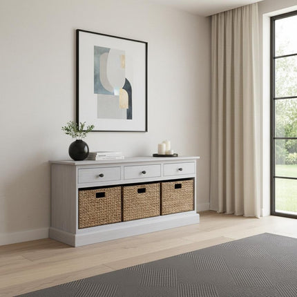 47" White and Natural Solid Wood Basket Storage Accent Cabinet With Three Drawers