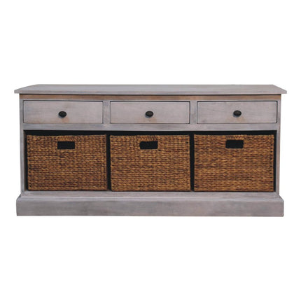 47" White and Natural Solid Wood Basket Storage Accent Cabinet With Three Drawers