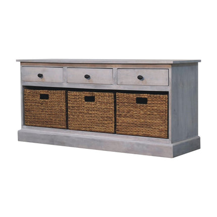 47" White and Natural Solid Wood Basket Storage Accent Cabinet With Three Drawers