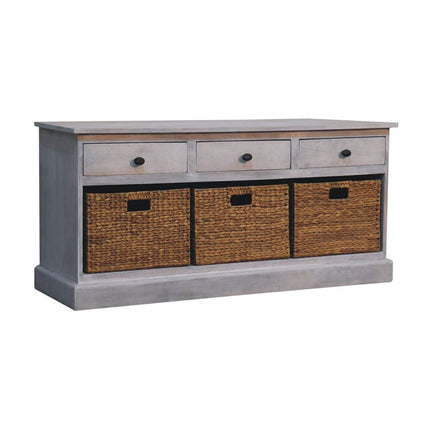 47" White and Natural Solid Wood Basket Storage Accent Cabinet With Three Drawers
