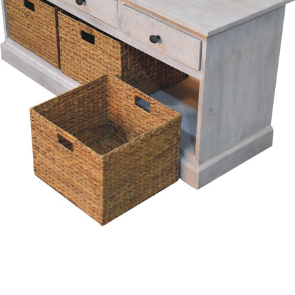 47" White and Natural Solid Wood Basket Storage Accent Cabinet With Three Drawers