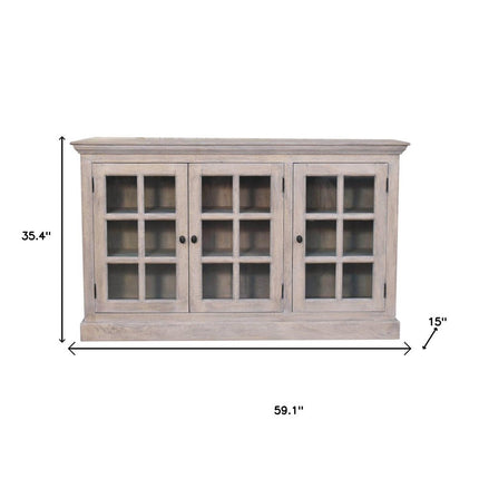 35" Light Gray and Clear Distressed Solid Wood Accent Cabinet With Three Doors