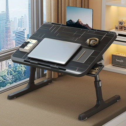Adjustable Height Foldable Laptop Bed Table with Ergonomic Bedside Desk, Built-in Card Slot & Storage Drawer