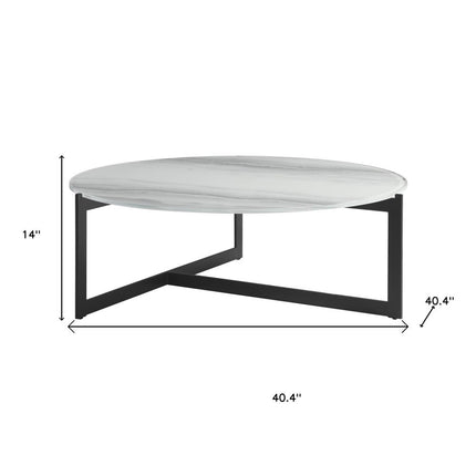 40" White and Black Glass and Iron Round Frame Coffee Table