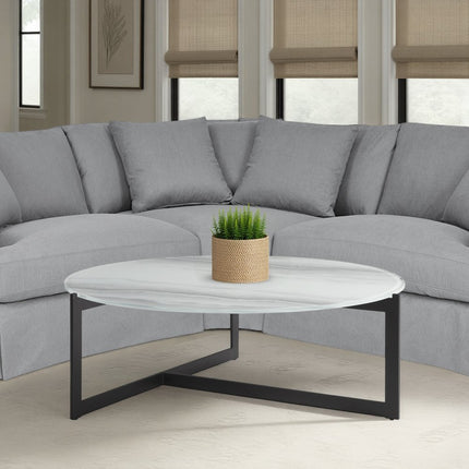 40" White and Black Glass and Iron Round Frame Coffee Table