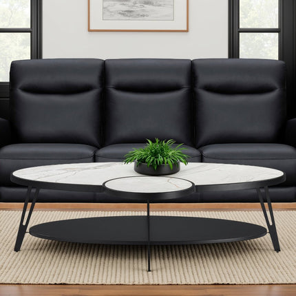 53" White and Black Sintered Stone and Iron Oval Coffee Table With Shelf